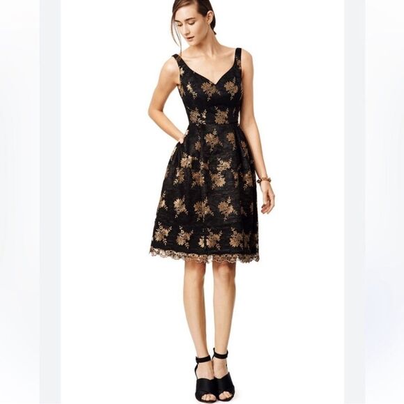 JILL STUART Floral Jacquard A-line Mini Dress NEW Size 6 Black & Gold - Picture 1 of 8